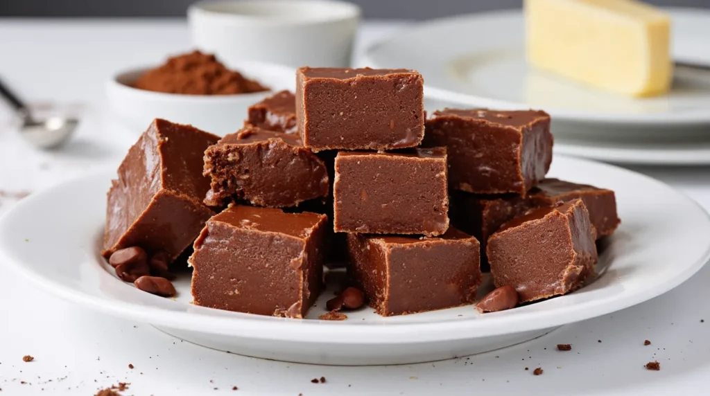 a_close-up_of_a_plate_with_perfectly_cut_fudge_squares_rich_and_smooth easy fudge recipe