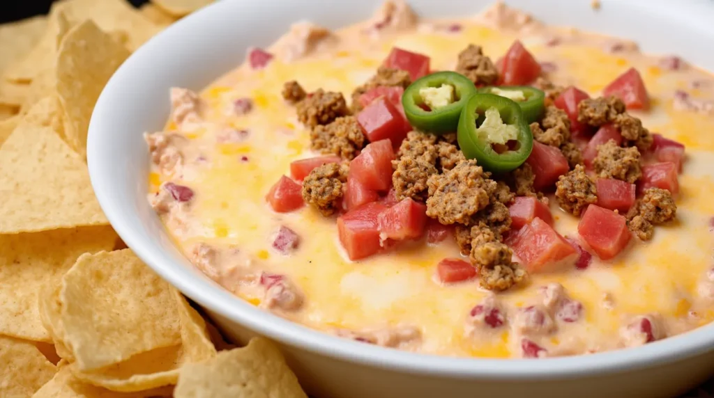 close-up_of_a_bowl_filled_with_creamy_rotel_dip_with_melted_cheese_diced_tomatoes_green_chilies rotel dip recipe